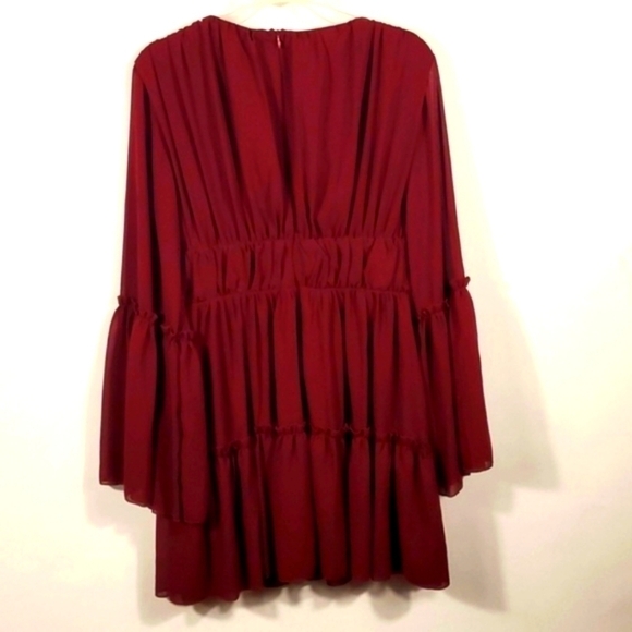 Plunging Neck Frill Maroon Ruffle Hem Chiffon Dress Size Medium NWTG - Picture 15 of 15